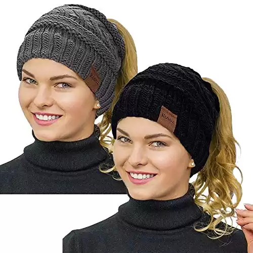 2 Pack Ponytail Beanie for Women,