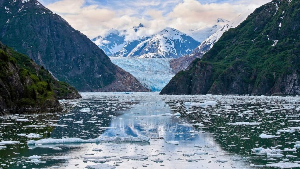 A serene fjord with floating icebergs, flanked by lush green mountains, leading to a distant glacier under a cloudy sky.