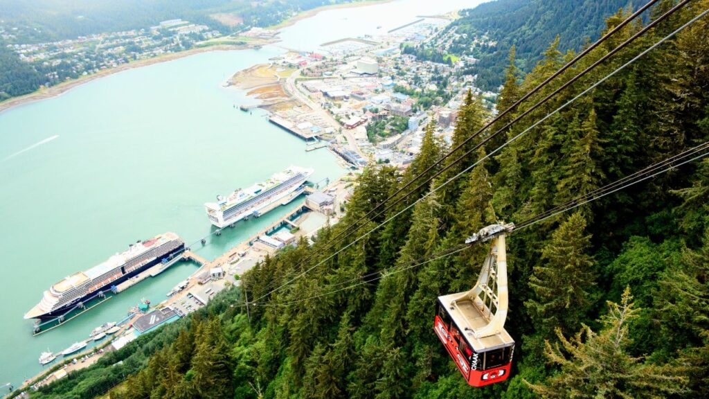 Aerial tramway over a forested hillside with cruise ships docked at a coastal town in the background.