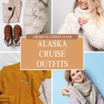 Collage of cozy Alaska cruise outfits with sweaters, boots, and smiling women wearing warm clothes.