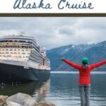 Person in red jacket facing cruise ship on a misty Alaska waterway, arms outstretched.