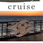 Disney cruise ad with Mickey logo on a window overlooking the ocean at sunset.